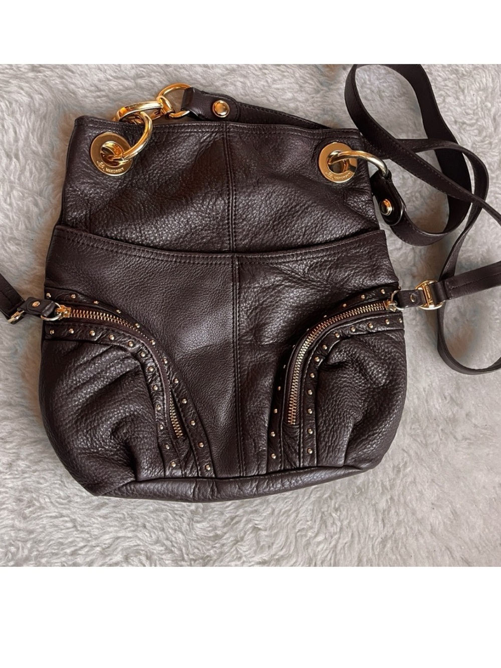 B Makowsky Soft Brown Leather convertible Crossbody Shoulder Bag stud detail